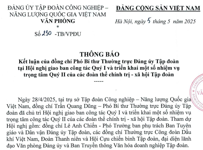THÔNG BÁO: Kết luận của đồng chí Phó Bí thư Thường trực Đảng ủy Tập đoàn tại Hội nghị giao ban công tác Quý I và triển khai một số nhiệm vụ trọng tâm Quý II của các đoàn thể chính trị - xã hội Tập đoàn”